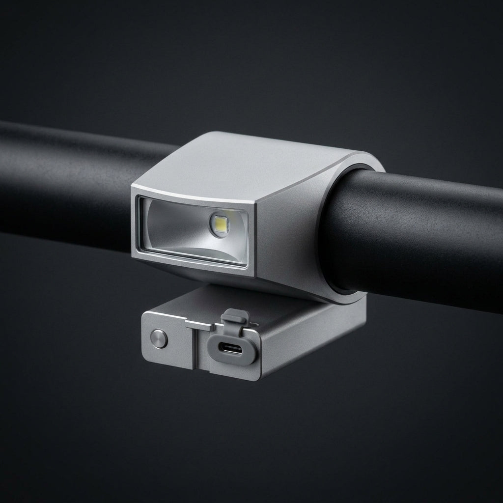 Low-Mount Crash-Safe Headlight in aluminium, clamped under a black handlebar.