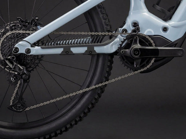 Chain Silencer on the drive side chainstay of a Specialized Levo Gen 3, a black guard with a row of thin flexible fins under the chain.