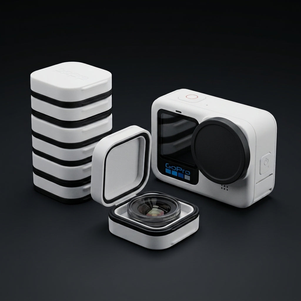 GoPro 13 lens covers and lens boxes, a stack of white boxes, one open box with a lens, and a GoPro 13 with a black lens cover