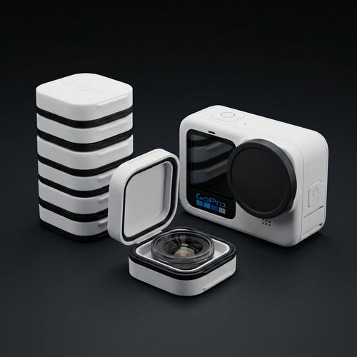 GoPro 13 lens covers and lens boxes, a stack of white boxes, one open box with a lens, and a GoPro 13 with a black lens cover