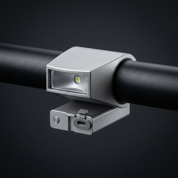 Low-Mount Crash-Safe Headlight in aluminium, clamped under a black handlebar.