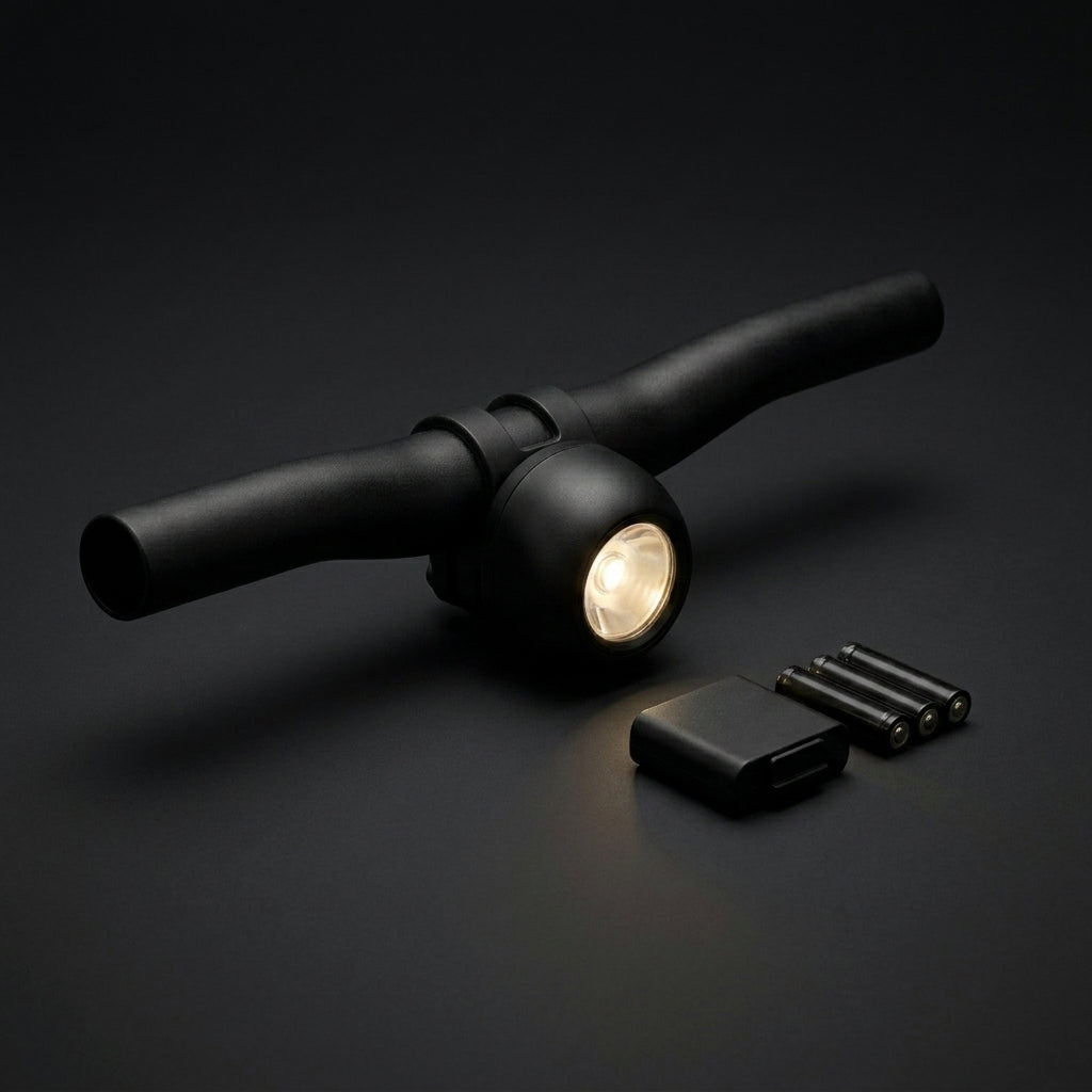 Low-Mount Crash-Safe Headlight on a handlebar with its battery pack and three AAA batteries
