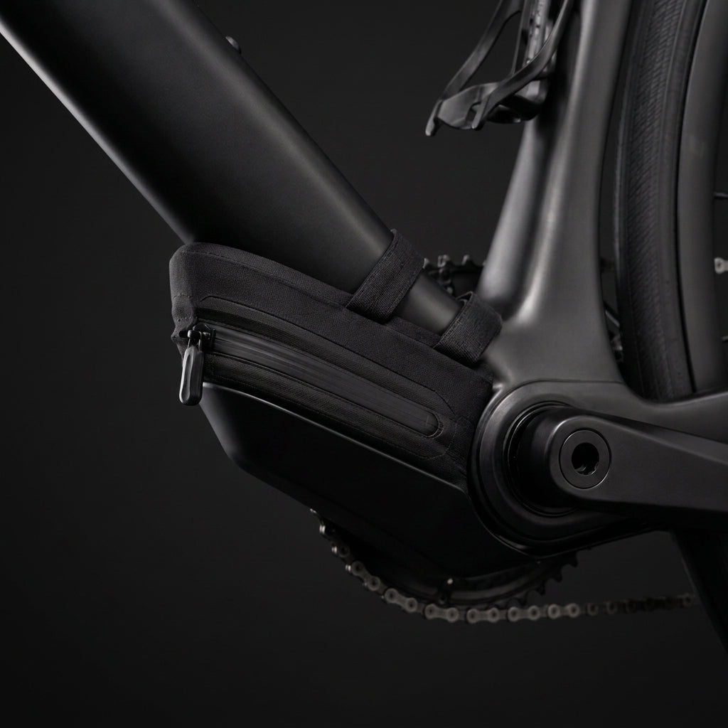 Under-Frame Storage Bag mounted in front of the bottom bracket of a road bike, seen from the side