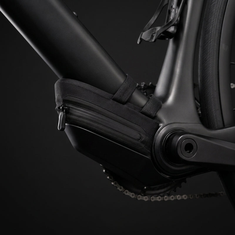 Under-Frame Storage Bag mounted in front of the bottom bracket of a road bike, seen from the side