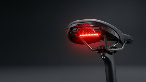 Flush Tail Light for Specialized saddles glowing red in the saddle recess above a carbon seat post.