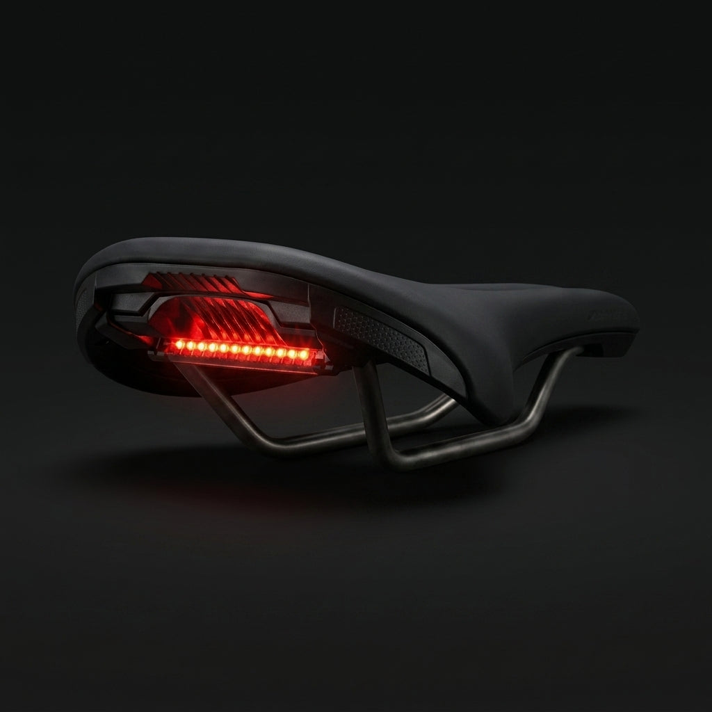 Flush Tail Light for Specialized saddles, red LED strip sitting flush in the saddle recess, seen from the rear