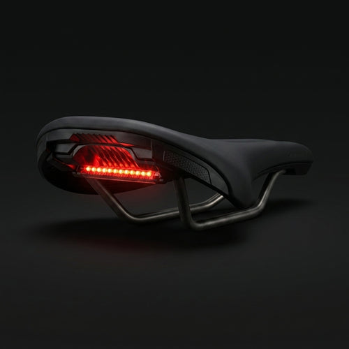 Flush Tail Light for Specialized saddles, red LED strip sitting flush in the saddle recess, seen from the rear
