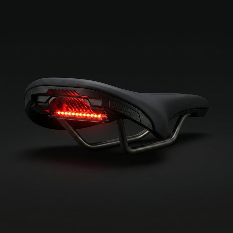 Flush Tail Light for Specialized saddles, red LED strip sitting flush in the saddle recess, seen from the rear