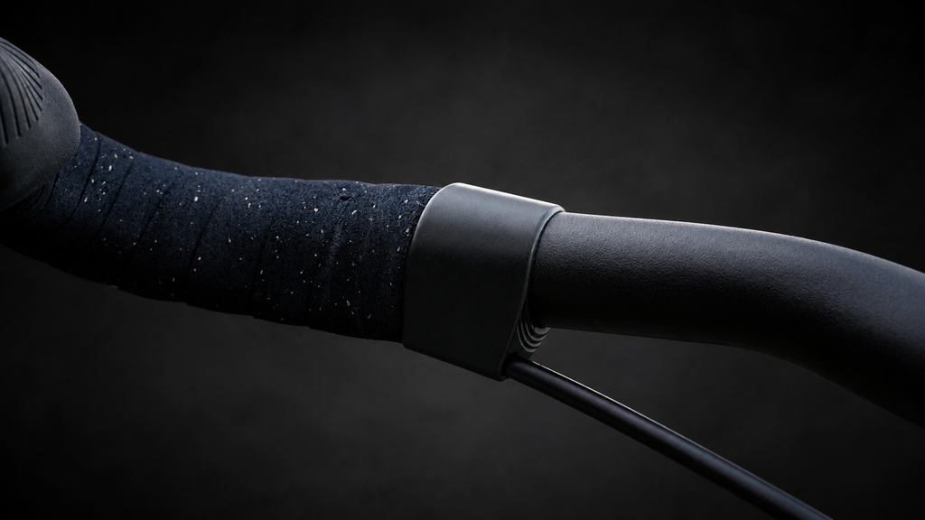 Wrap Clamp in black matte closing the bar tape on a drop bar, angled view